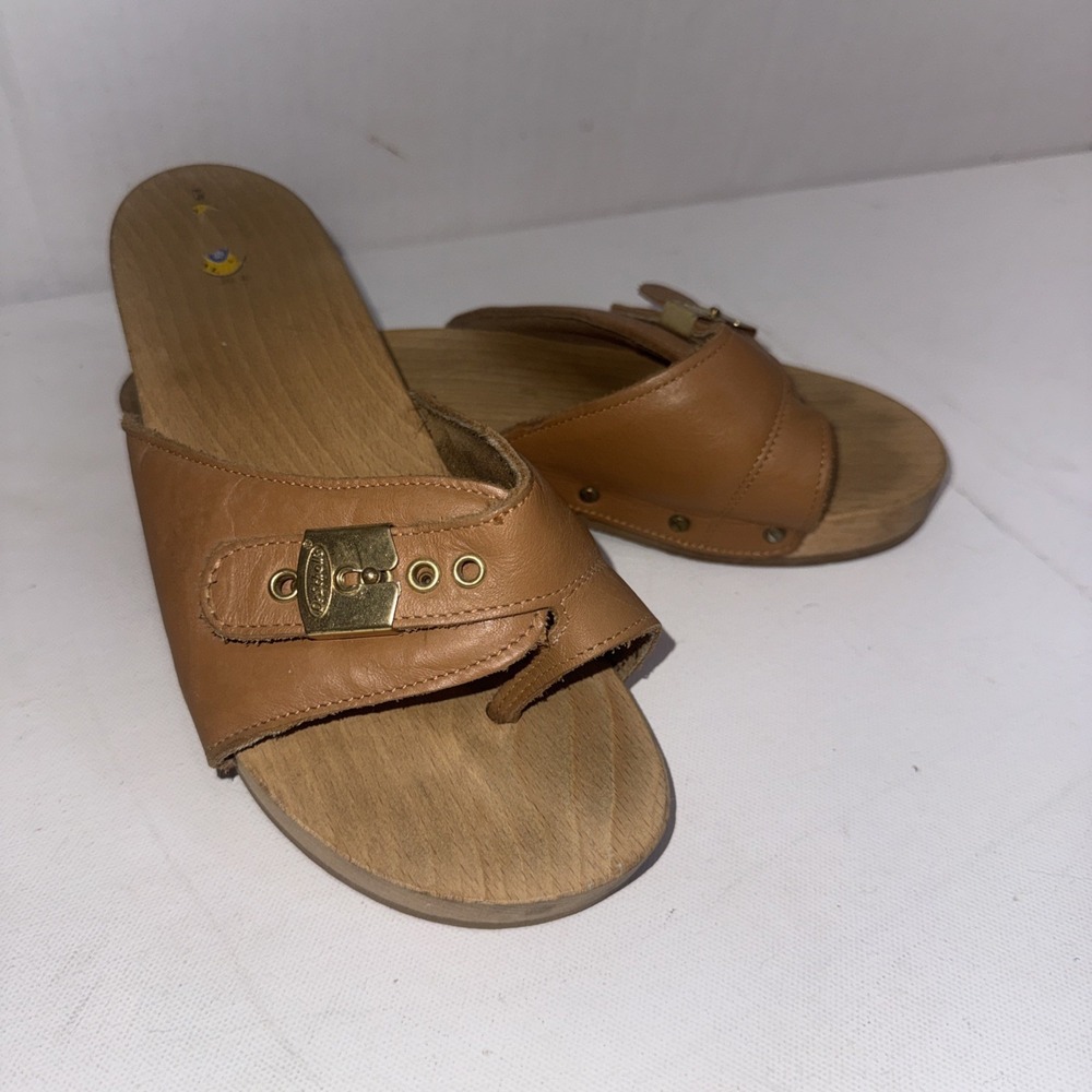 Vintage Y2K Dr. Scholl's Original Exercise Tan Leather Wood Sole Italy Sandals 8